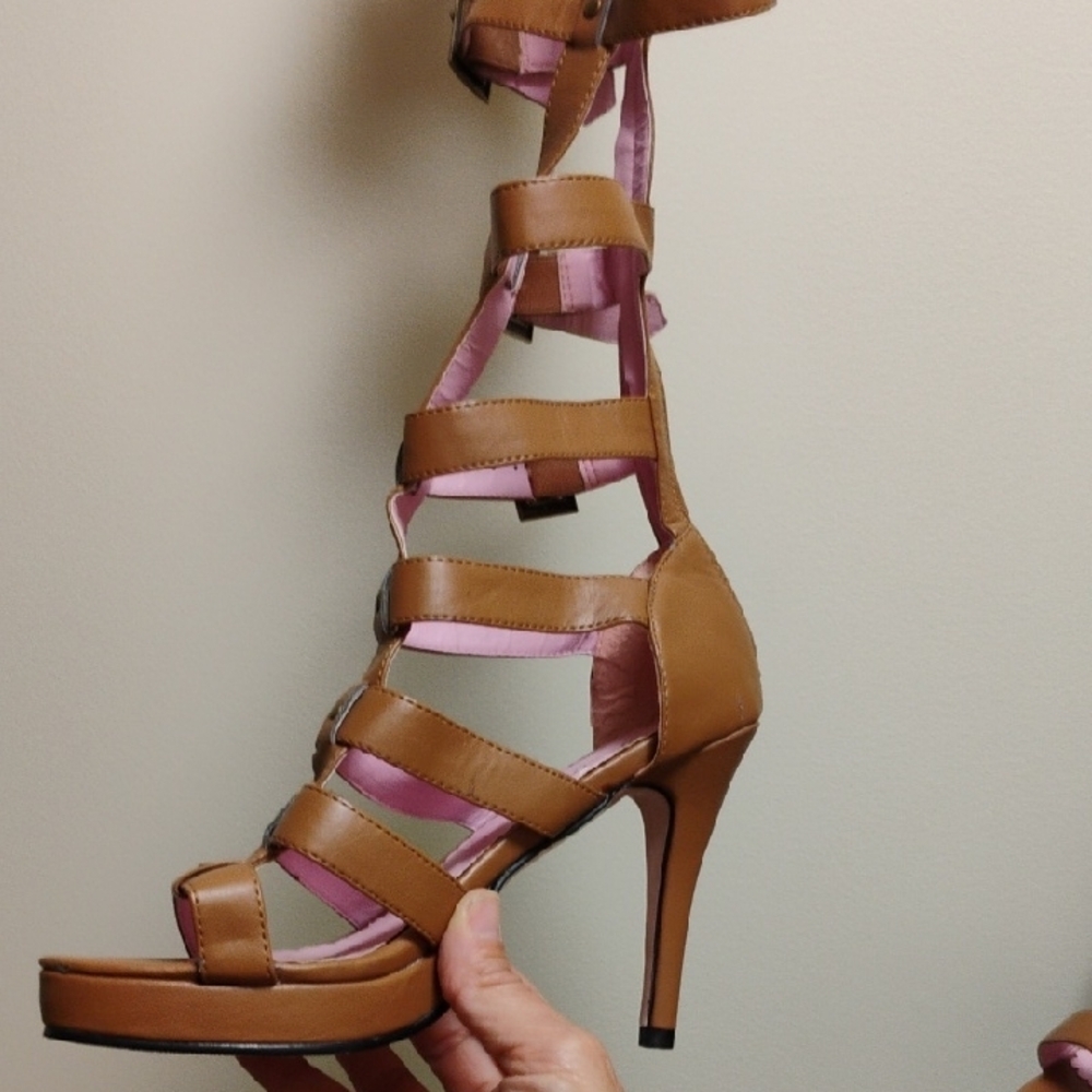Leg Avenue Brown Gladiator Heels with Pink Lining - Picture 9 of 13